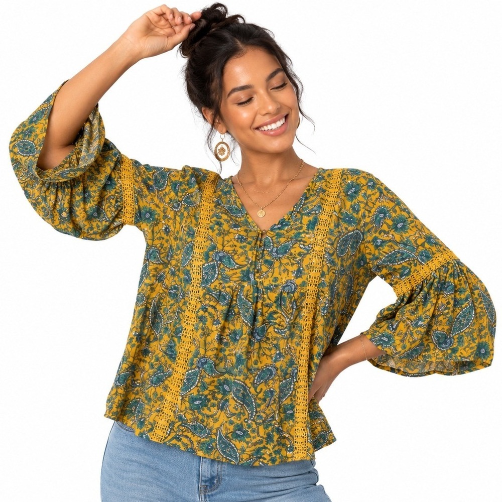 Aveology Paisley Blouse Womens 22 24 Yellow Blue Floral Crochet Bell Sleeve Boho